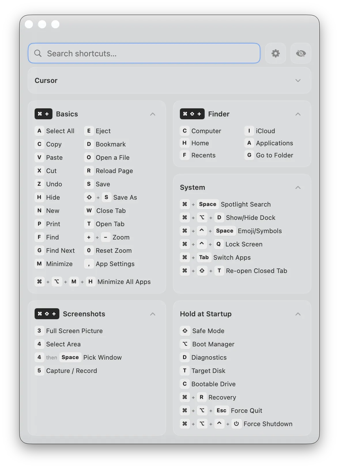 KeyShortcut showing organized keyboard shortcuts across multiple Mac applications