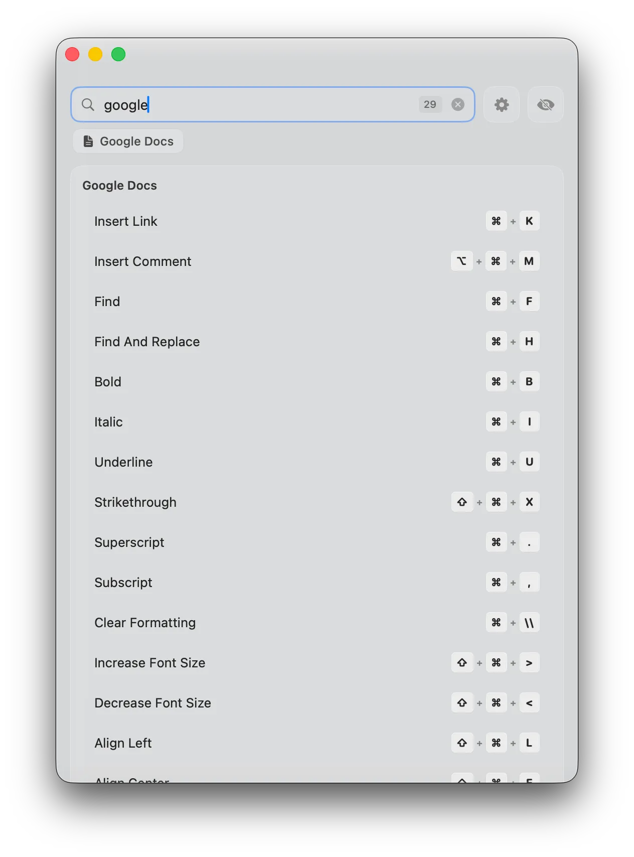 KeyShortcut search showing results across multiple apps